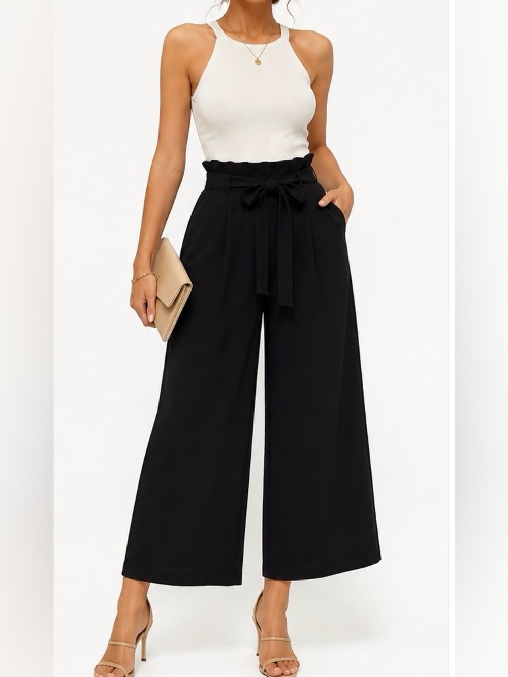 ZARA Basic Black Paperbag Waist Wide Leg Cropped Pants S